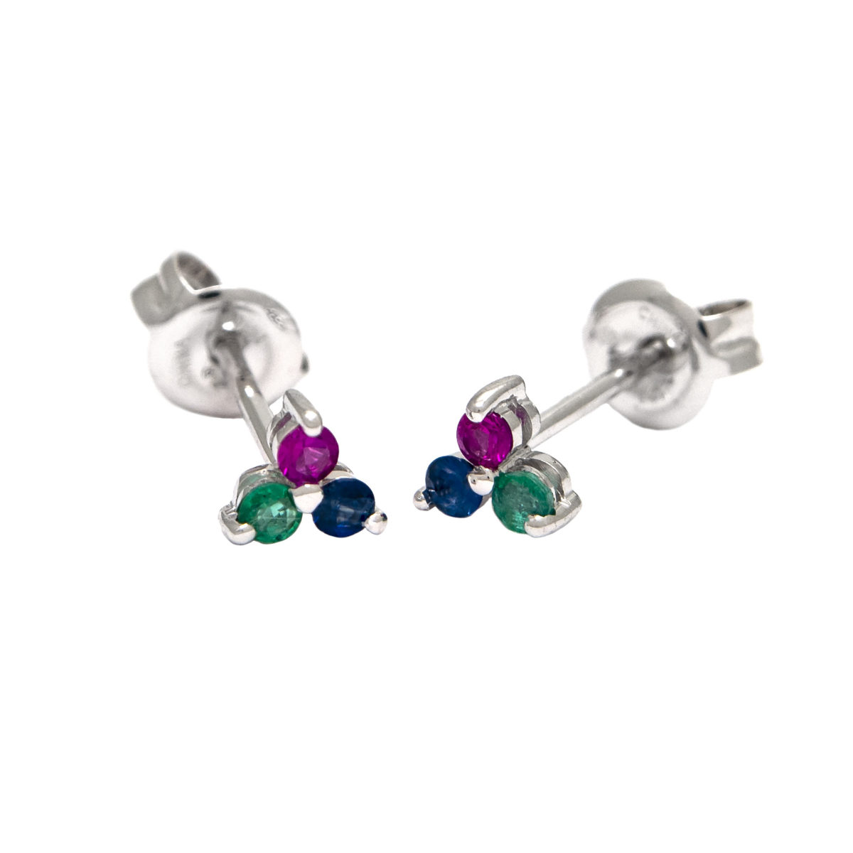 White Gold Round Prong Multi Gem Earrings (14k Ruby, Sapphire & Emerald Earrings (Wg))