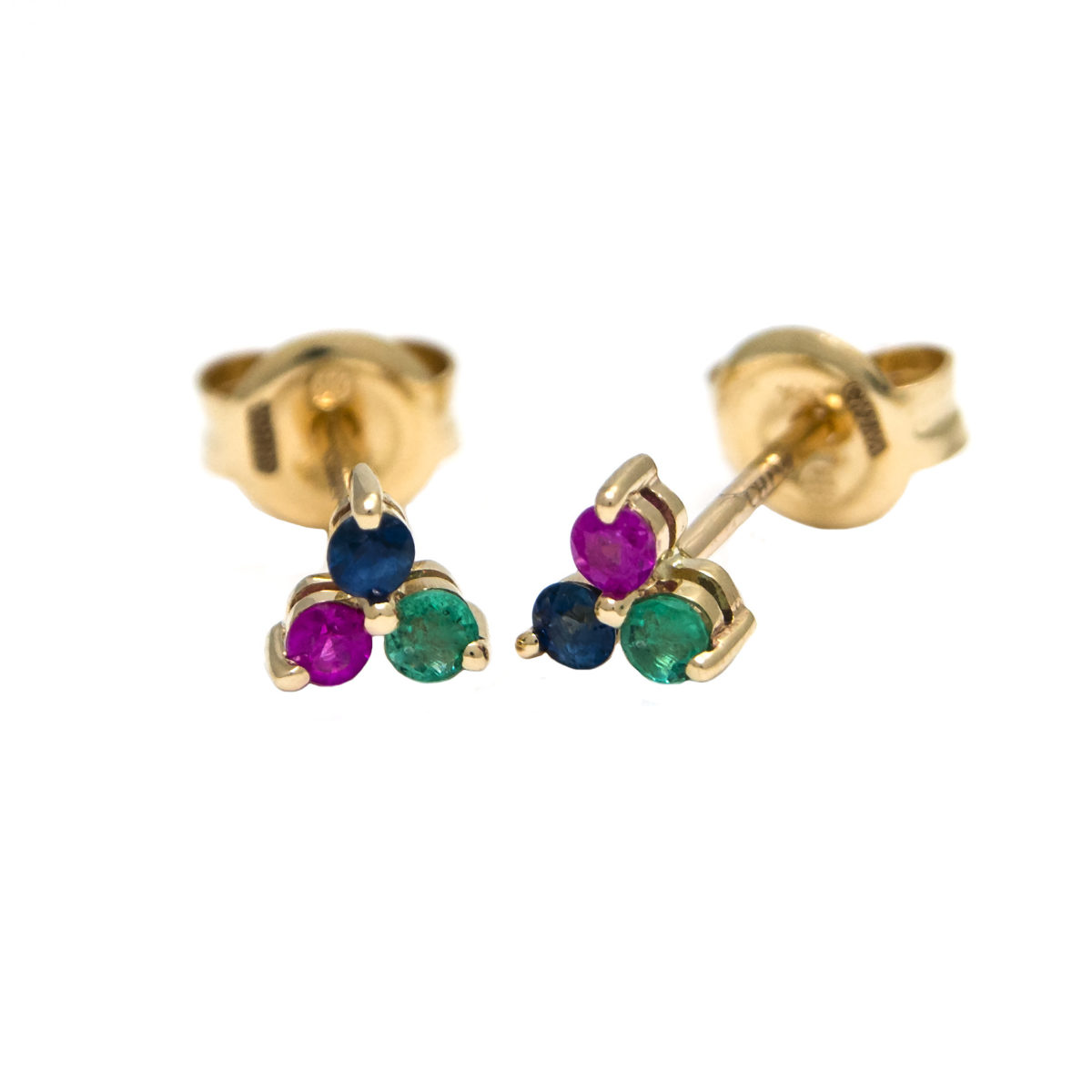 Yellow Gold Round Prong Multi Gem Earrings (14k Ruby, Sapphire, And Emerald Earring)