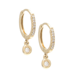 Yellow Gold Fashion Round Bezel Diamond Earrings (Small Hoop Diamond Earring W/ Hanging Charms (14k))