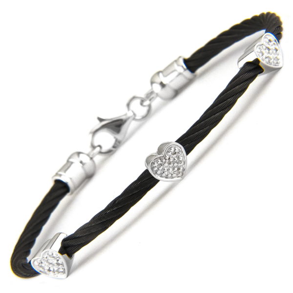 Stainless Steel Heart Single Pave Diamond Bangle (Silver Diamond (Black Steel Bangle))