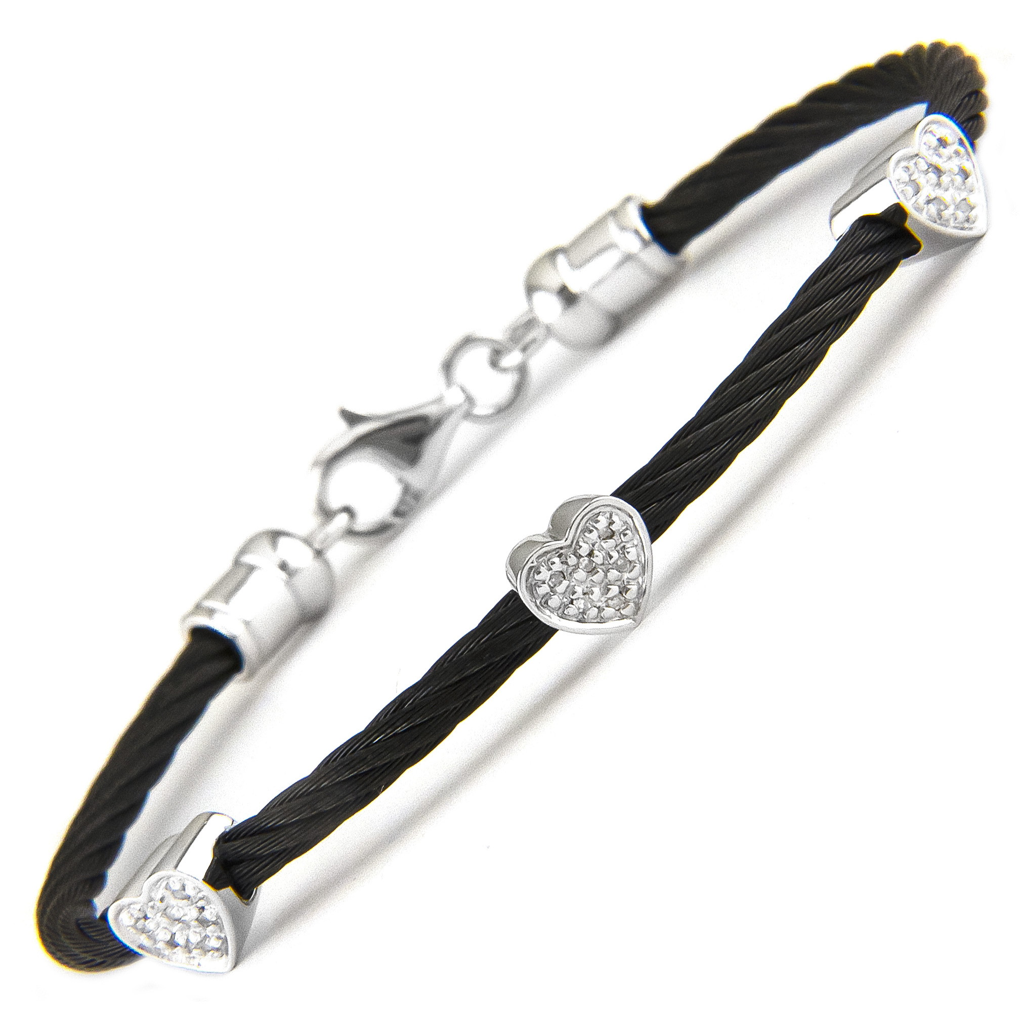 Stainless Steel Heart Single Pave Diamond Bangle (Silver Diamond (Black ...