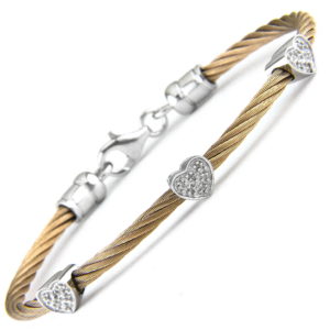 Stainless Steel Heart Single Pave Diamond Bangle (Silver Diamond (Rose/Steel Bangle))