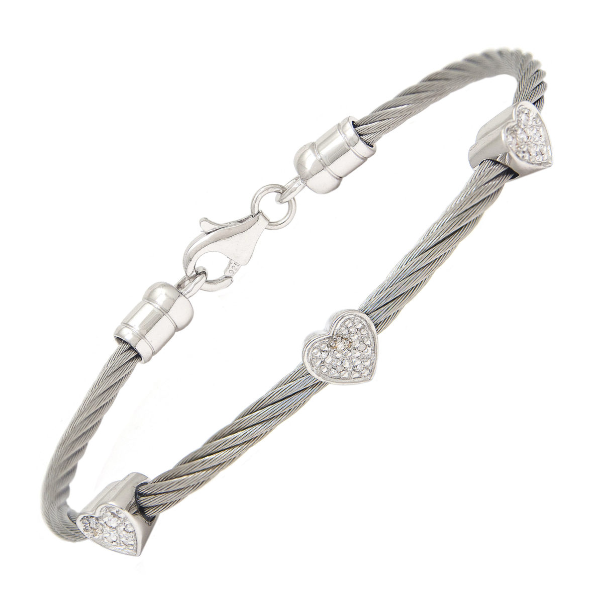 Stainless Steel Heart Single Pave Diamond Bangle (Silver Diamond (White/Steel Bangle))