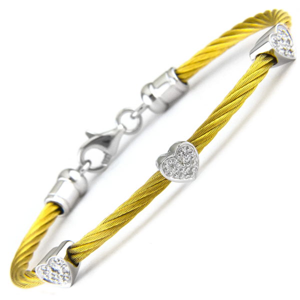 Stainless Steel Heart Single Pave Diamond Bangle (Silver Diamond (Yellow Steel Bangle))