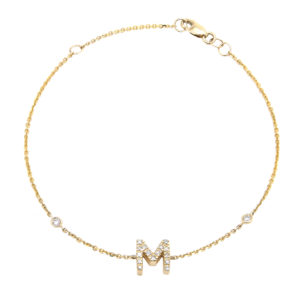 Yellow Gold Initial Single Micro Pave Diamond Bracelet (Diamond Initial Fashion Bracelet "m" (14k) (6+1"))