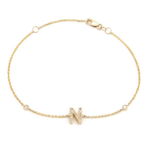 Yellow Gold Letter Single Micro Pave Diamond Bracelet (Diamond Initial Fashion Bracelet "n" (14k) (6+1"))