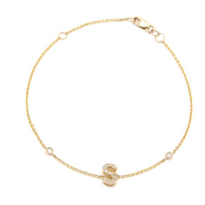 Yellow Gold Initial Single Micro Pave Diamond Bracelet (Diamond Initial Fashion Bracelet "s" (14k) (6+1"))