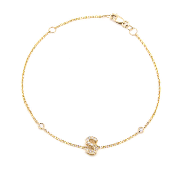 Yellow Gold Initial Single Micro Pave Diamond Bracelet (Diamond Initial Fashion Bracelet "s" (14k) (6+1"))