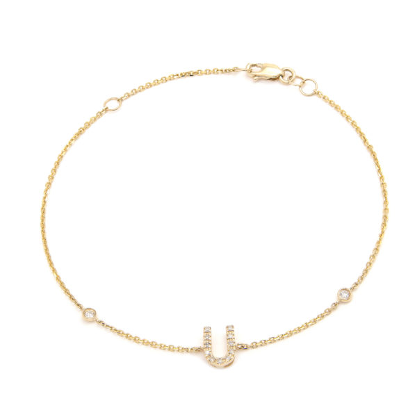 Yellow Gold Letter Single Micro Pave Bracelet (Diamond Initial Fashion Bracelet "u" (14k) (6+1"))