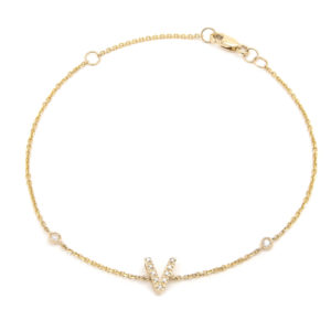 Yellow Gold Letter Single Micro Pave Diamond Bracelet (Diamond Initial Fashion Bracelet "v" (14k) (6+1"))