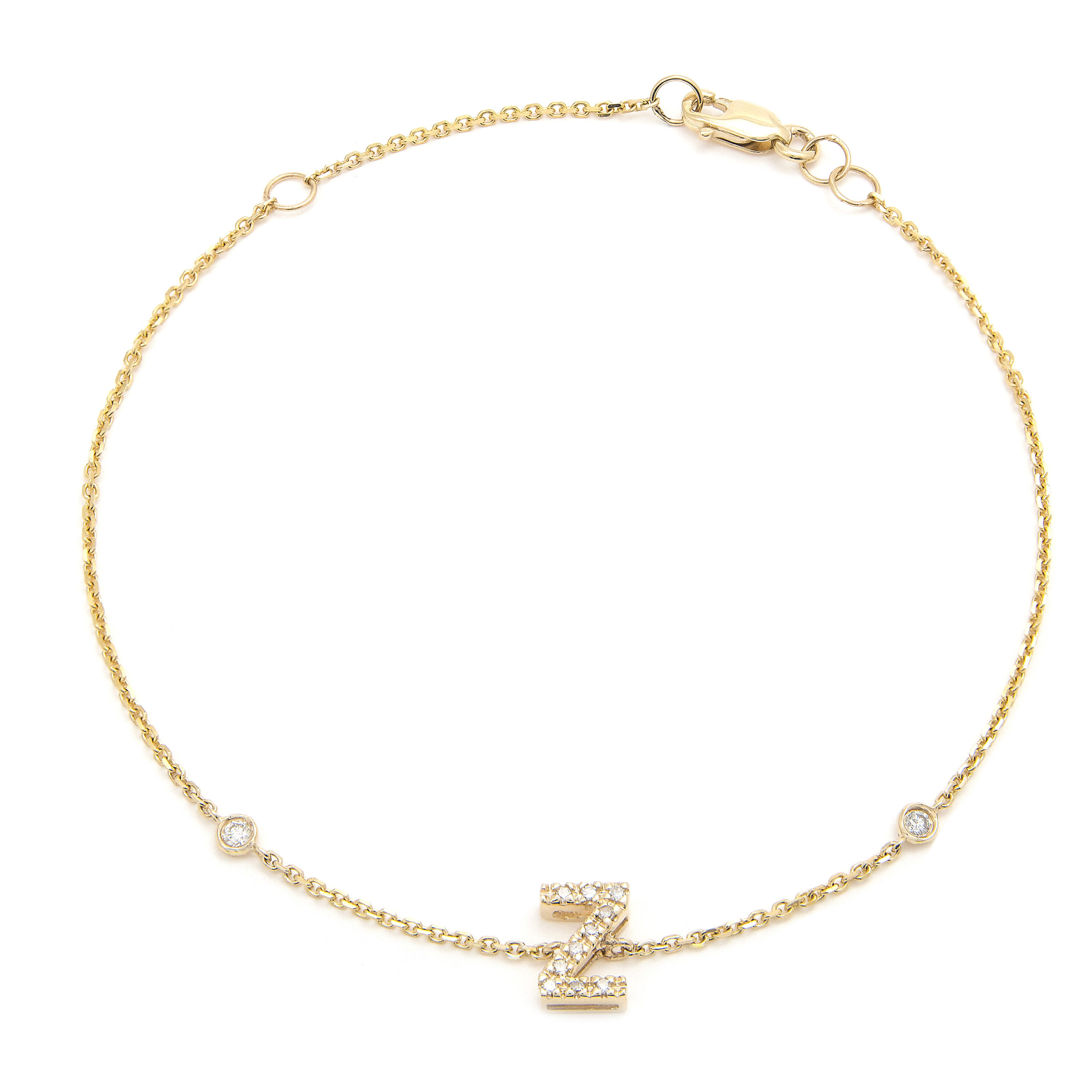 Yellow Gold Letter Single Micro Pave Diamond Bracelet (Diamond Initial Fashion Bracelet Z (14K) (6+1))