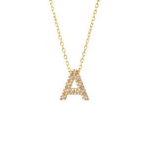 Yellow Gold Initial Single Micro Pave Diamond Necklace (Diamond Intiial Necklace (14k) (16+2"))