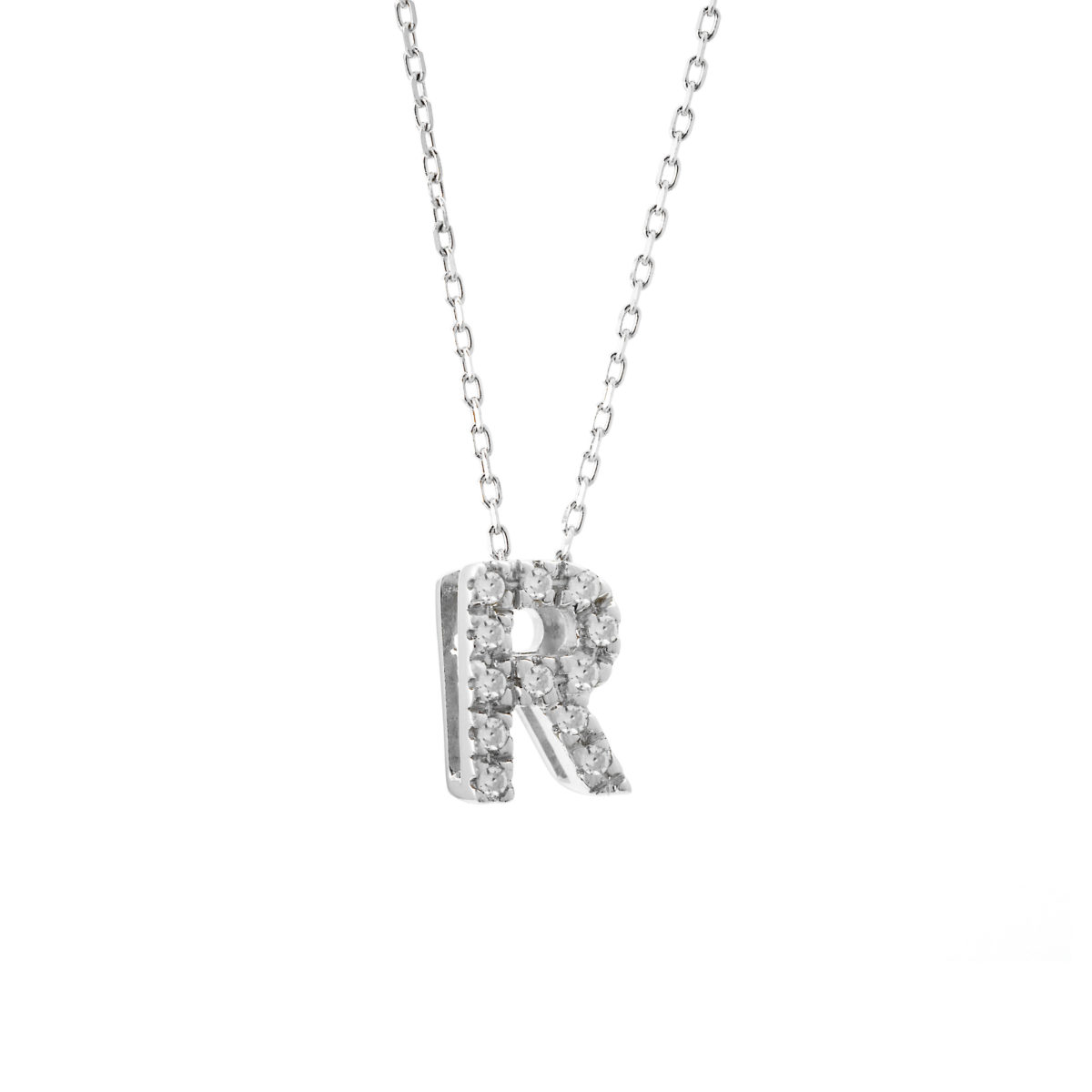 White Gold Initial Single Micro Pave Diamond Necklace (Diamond Intiial Necklace (14kw))