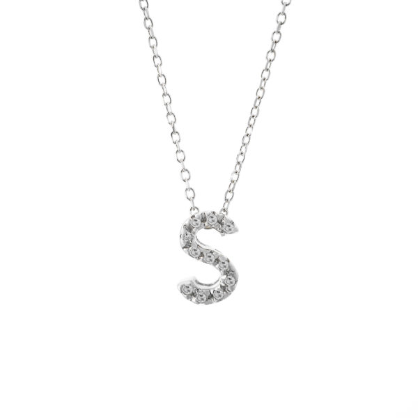 White Gold Initial Single Micro Pave Diamond Necklace (Diamond Intiial Necklace (14kw))