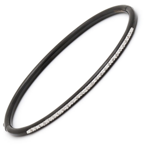 Stainless Steel Stackable Single Pave Diamond Bangle (Silver Diamond On Steel Bangle (Black 8"))