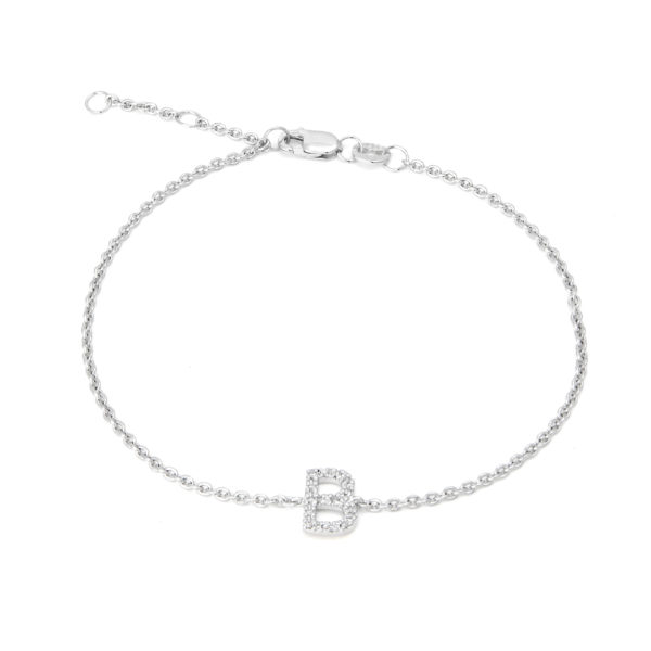 Sterling Silver Letters Single Micro Pave Diamond Bracelet (Silver Diamond "b" Initial Bracelet 7+1")