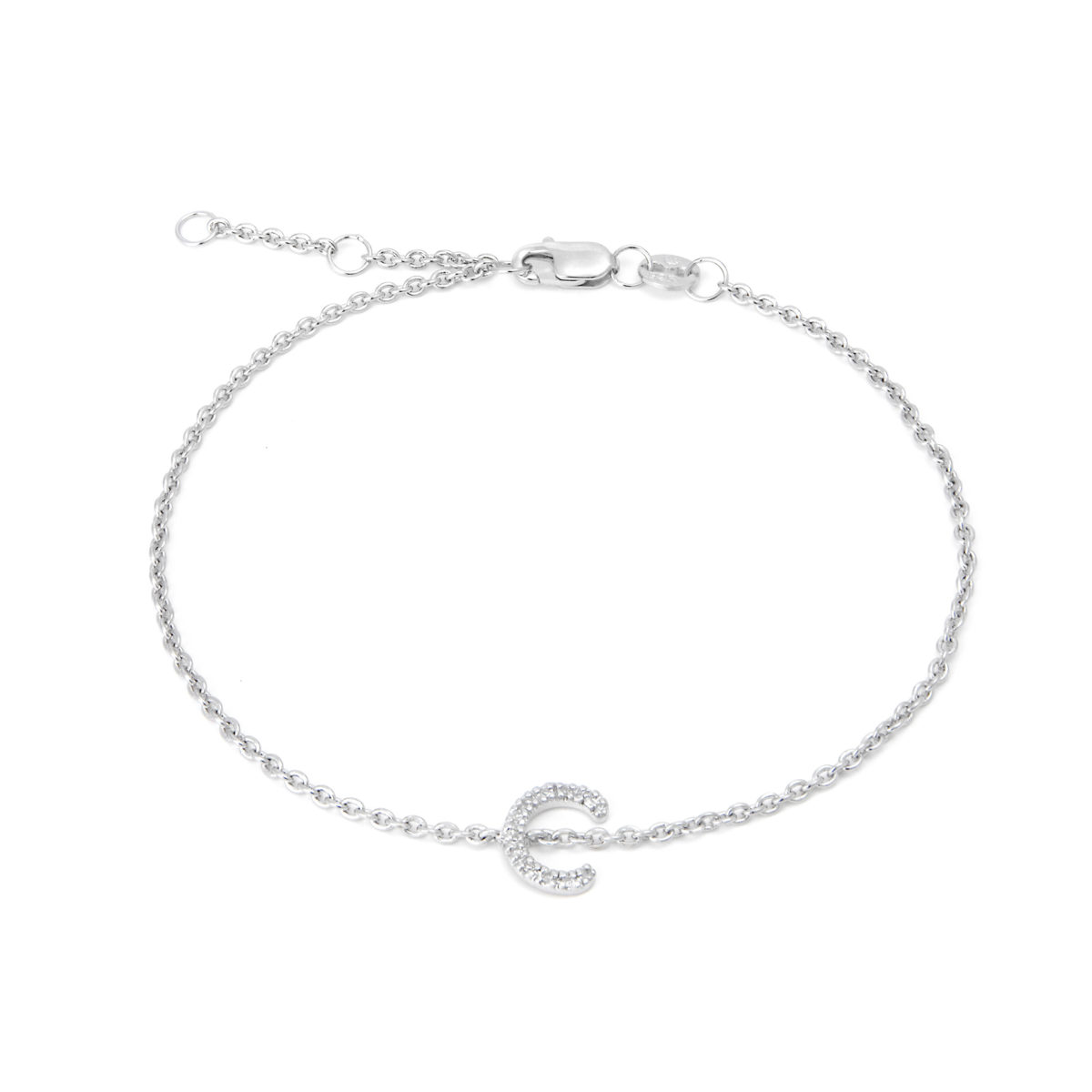 Sterling Silver Letters Single Micro Pave Diamond Bracelet (Silver Diamond "c" Initial Bracelet 7+1")