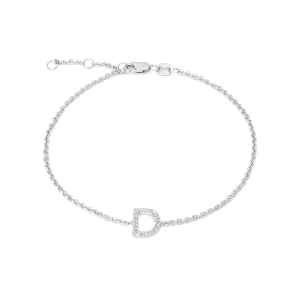 Sterling Silver Letters Single Micro Pave Diamond Bracelet (Silver Diamond "d" Initial Bracelet 7+1")