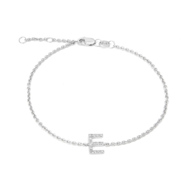 Sterling Silver Letters Single Micro Pave Diamond Bracelet (Silver Diamond 'E" Initial Bracelet 7+1")