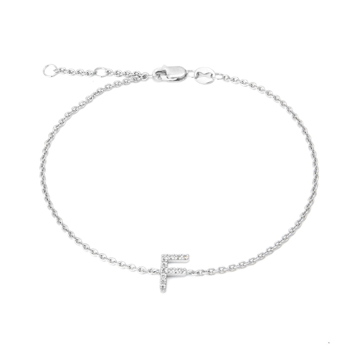 Sterling Silver Letters Single Micro Pave Diamond Bracelet (Silver Diamond 'F" Initial Bracelet 7+1")