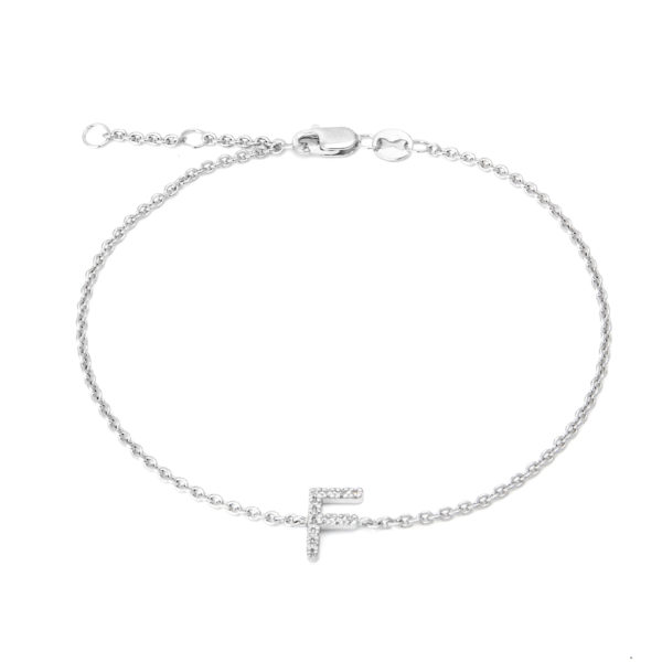 Sterling Silver Letters Single Micro Pave Diamond Bracelet (Silver Diamond 'F" Initial Bracelet 7+1")