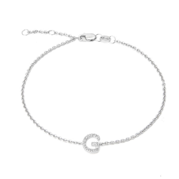 Sterling Silver Letters Single Micro Pave Diamond Bracelet (Silver Diamond 'G" Initial Bracelet 7+1")