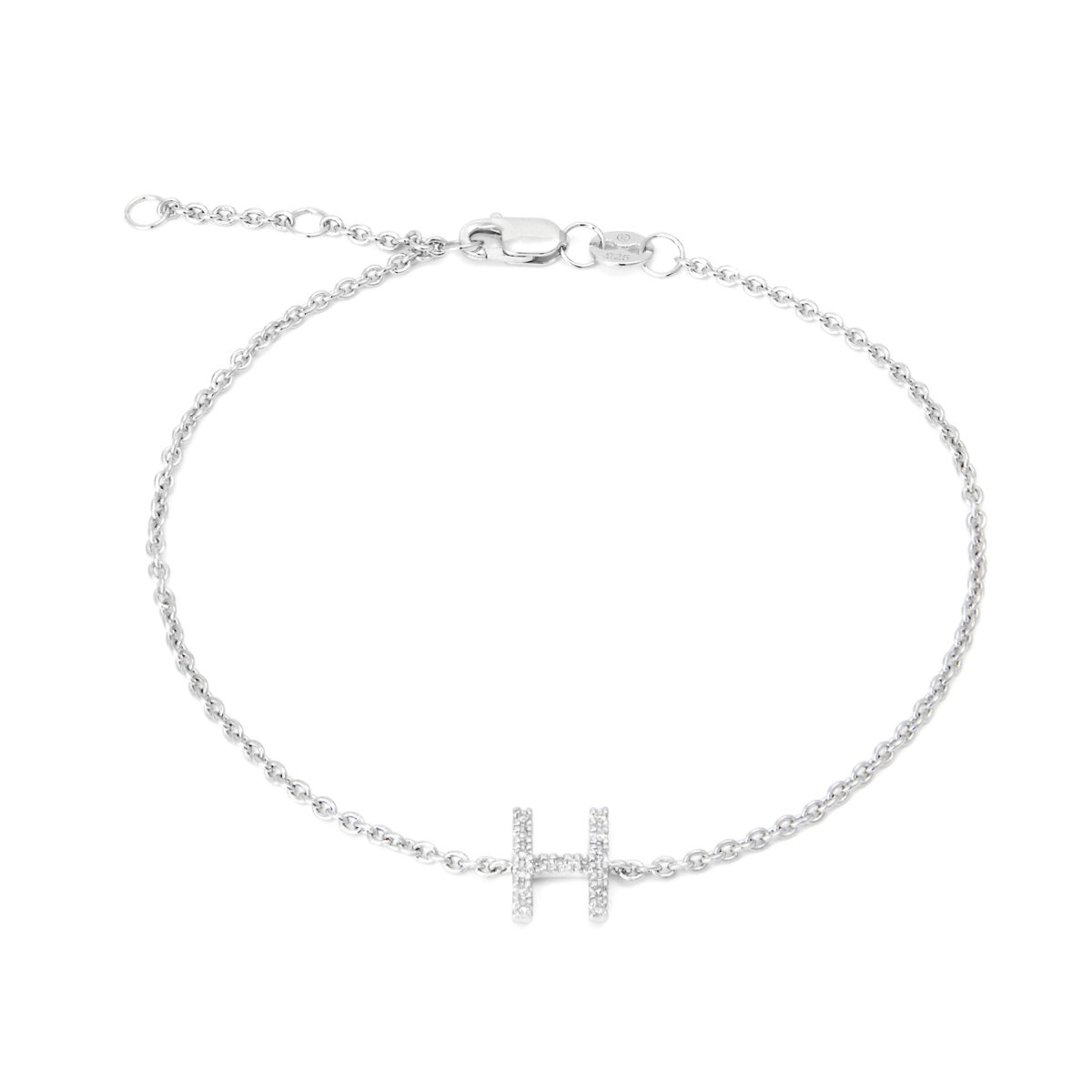 Sterling Silver Letters Single Micro Pave Diamond Bracelet (Silver Diamond "h" Initial Bracelet 7+1")