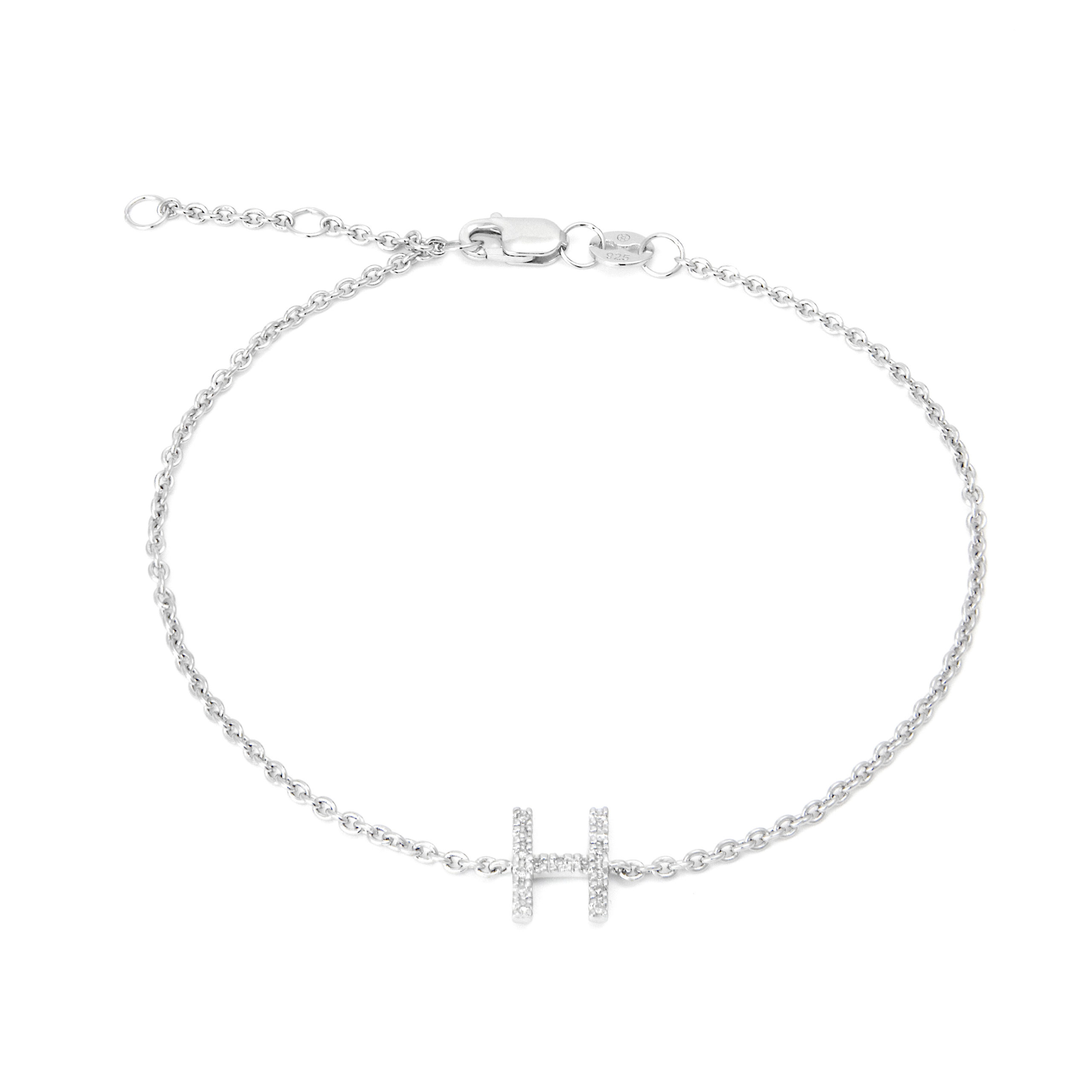 Sterling Silver Letters Single Micro Pave Diamond Bracelet (Silver Diamond Z' Initial Bracelet 7+1)