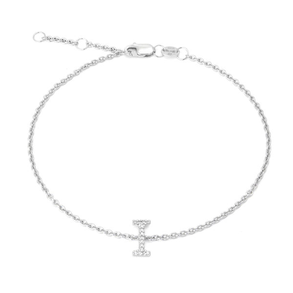 Sterling Silver Letters Single Micro Pave Diamond Bracelet (Silver Diamond "i" Initial Bracelet 7+1")