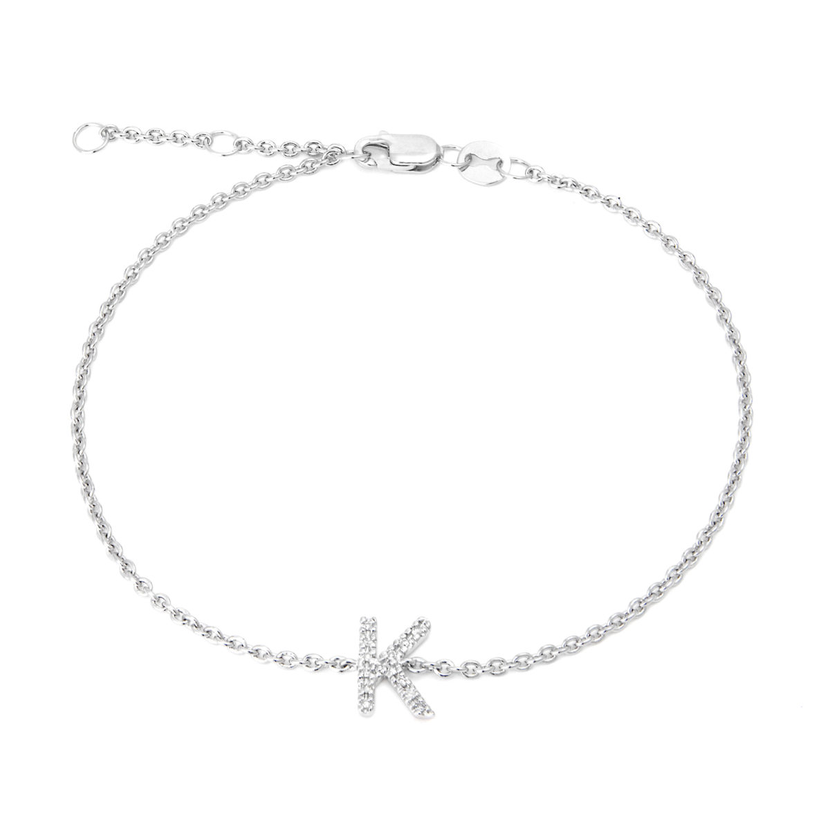 Sterling Silver Letters Single Micro Pave Diamond Bracelet (Silver Diamond "k" Initial Bracelet 7+1")