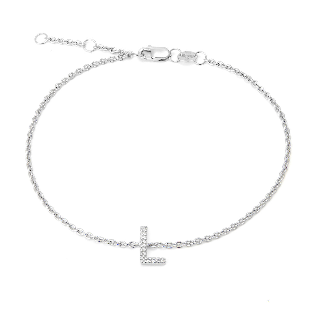 Sterling Silver Letters Single Micro Pave Diamond Bracelet (Silver Diamond "l" Initial Bracelet 7+1")