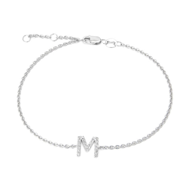 Sterling Silver Letters Single Micro Pave Diamond Bracelet (Silver Diamond "m" Initial Bracelet 7+1")