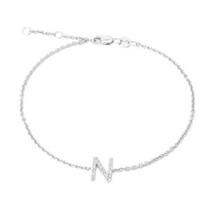 Sterling Silver Letters Single Micro Pave Diamond Bracelet (Silver Diamond "n" Initial Bracelet 7+1")