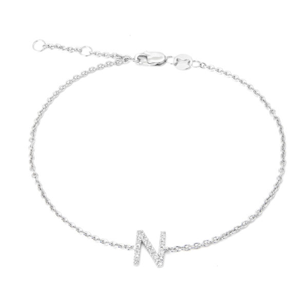 Sterling Silver Letters Single Micro Pave Diamond Bracelet (Silver Diamond "n" Initial Bracelet 7+1")