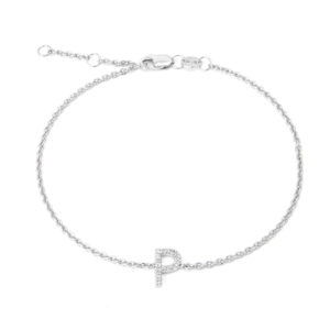 Sterling Silver Letters Single Micro Pave Diamond Bracelet (Silver Diamond "p" Initial Bracelet 7+1")