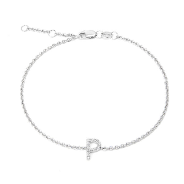 Sterling Silver Letters Single Micro Pave Diamond Bracelet (Silver Diamond "p" Initial Bracelet 7+1")