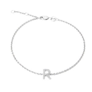 Sterling Silver Letters Single Micro Pave Diamond Bracelet (Silver Diamond "r" Initial Bracelet 7+1")