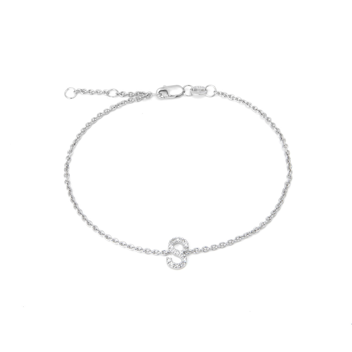 Sterling Silver Letters Single Micro Pave Diamond Bracelet (Silver Diamond "s" Initial Bracelet 7+1")