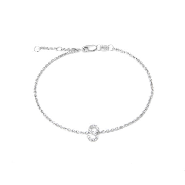 Sterling Silver Letters Single Micro Pave Diamond Bracelet (Silver Diamond "s" Initial Bracelet 7+1")