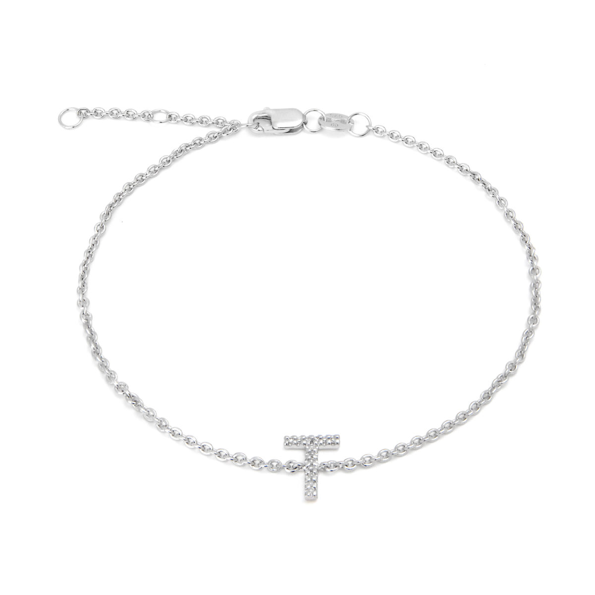 Sterling Silver Letters Single Micro Pave Diamond Bracelet (Silver Diamond "t" Initial Bracelet 7+1")