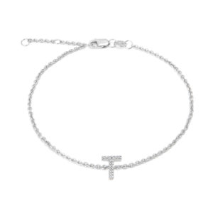 Sterling Silver Letters Single Micro Pave Diamond Bracelet (Silver Diamond "t" Initial Bracelet 7+1")