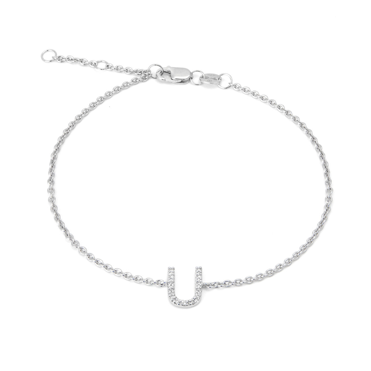 Sterling Silver Letters Single Micro Pave Diamond Bracelet (Silver Diamond "u" Initial Bracelet 7+1")