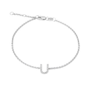 Sterling Silver Letters Single Micro Pave Diamond Bracelet (Silver Diamond "u" Initial Bracelet 7+1")