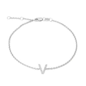 Sterling Silver Letters Single Micro Pave Diamond Bracelet (Silver Diamond "v" Initial Bracelet 7+1")