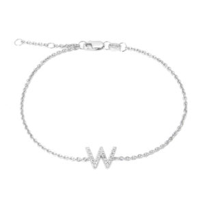 Sterling Silver Letters Single Micro Pave Diamond Bracelet (Silver Diamond "w" Initial Bracelet 7+1")