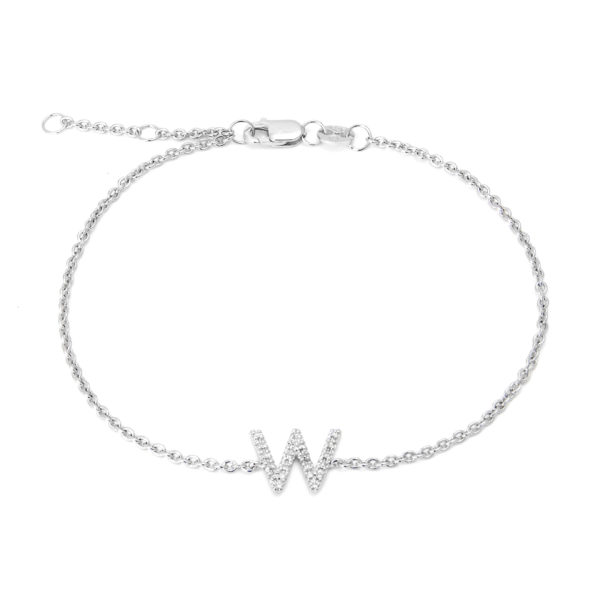 Sterling Silver Letters Single Micro Pave Diamond Bracelet (Silver Diamond "w" Initial Bracelet 7+1")