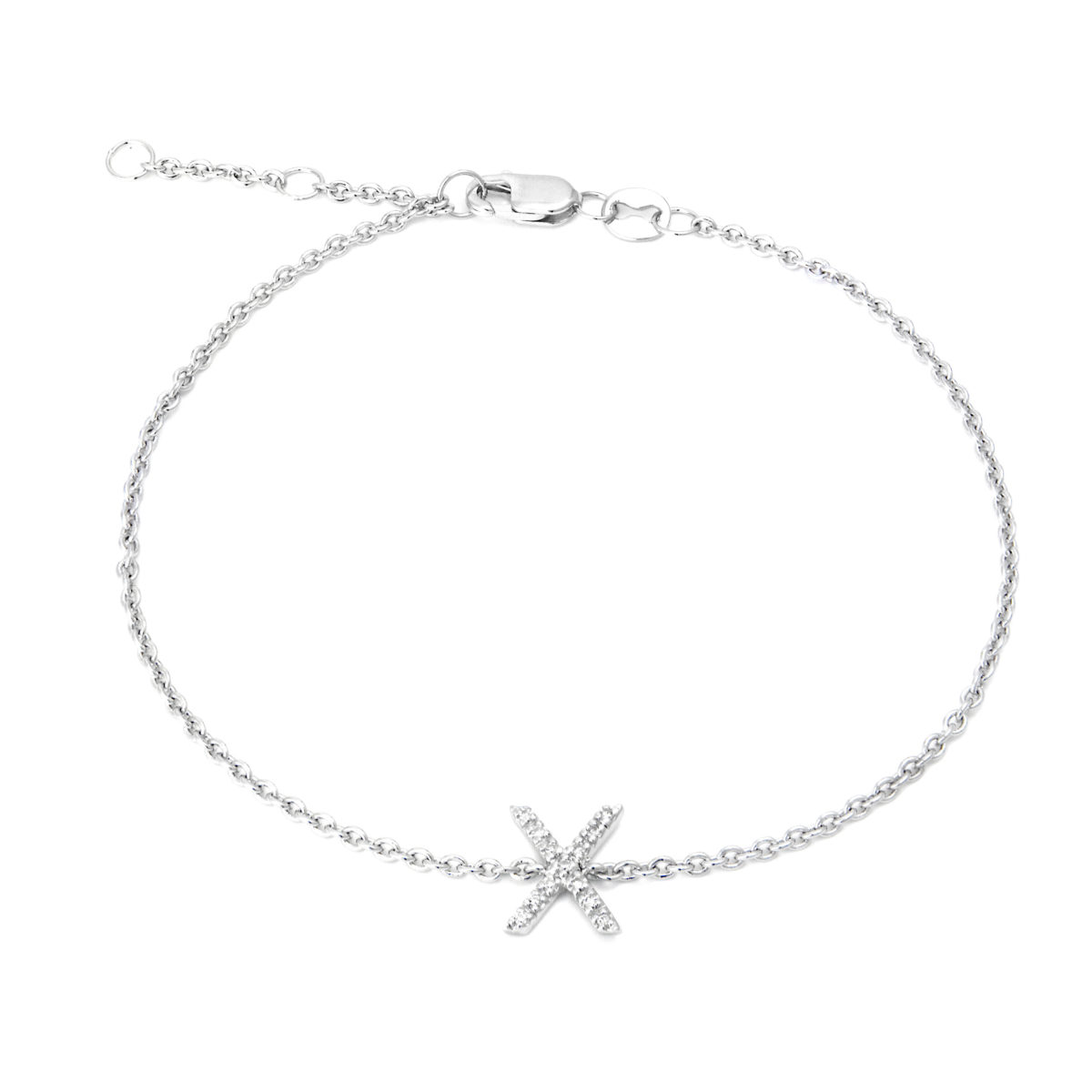 Sterling Silver Letters Single Micro Pave Diamond Bracelet (Silver Diamond "x" Initial Bracelet 7+1")