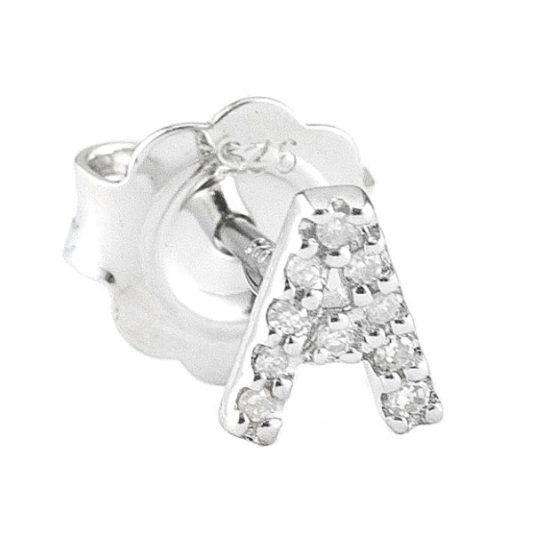 Sterling Silver Initial Round Prong Diamond Earrings (Silver Diamond "a" Earring)