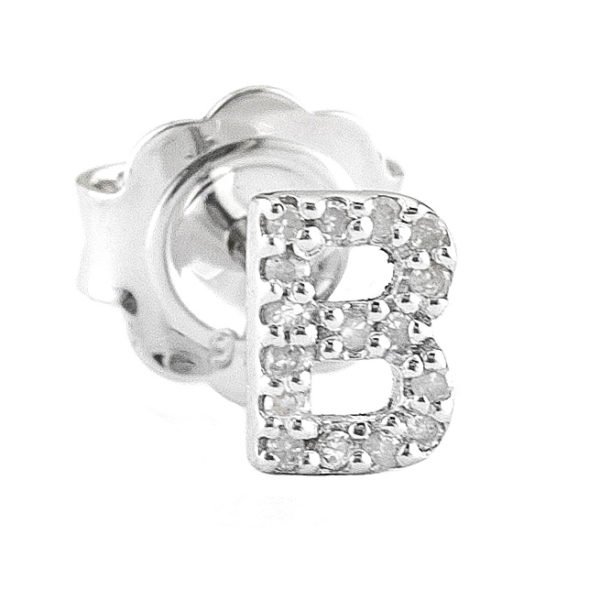 Sterling Silver Initial Round Prong Diamond Earrings (Silver Diamond "b" Earring)