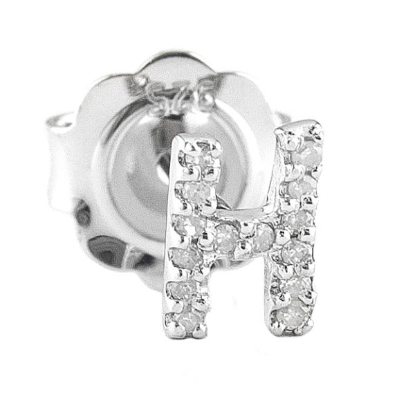 Sterling Silver Initial Round Prong Diamond Earrings (Silver Diamond "h" Earring)